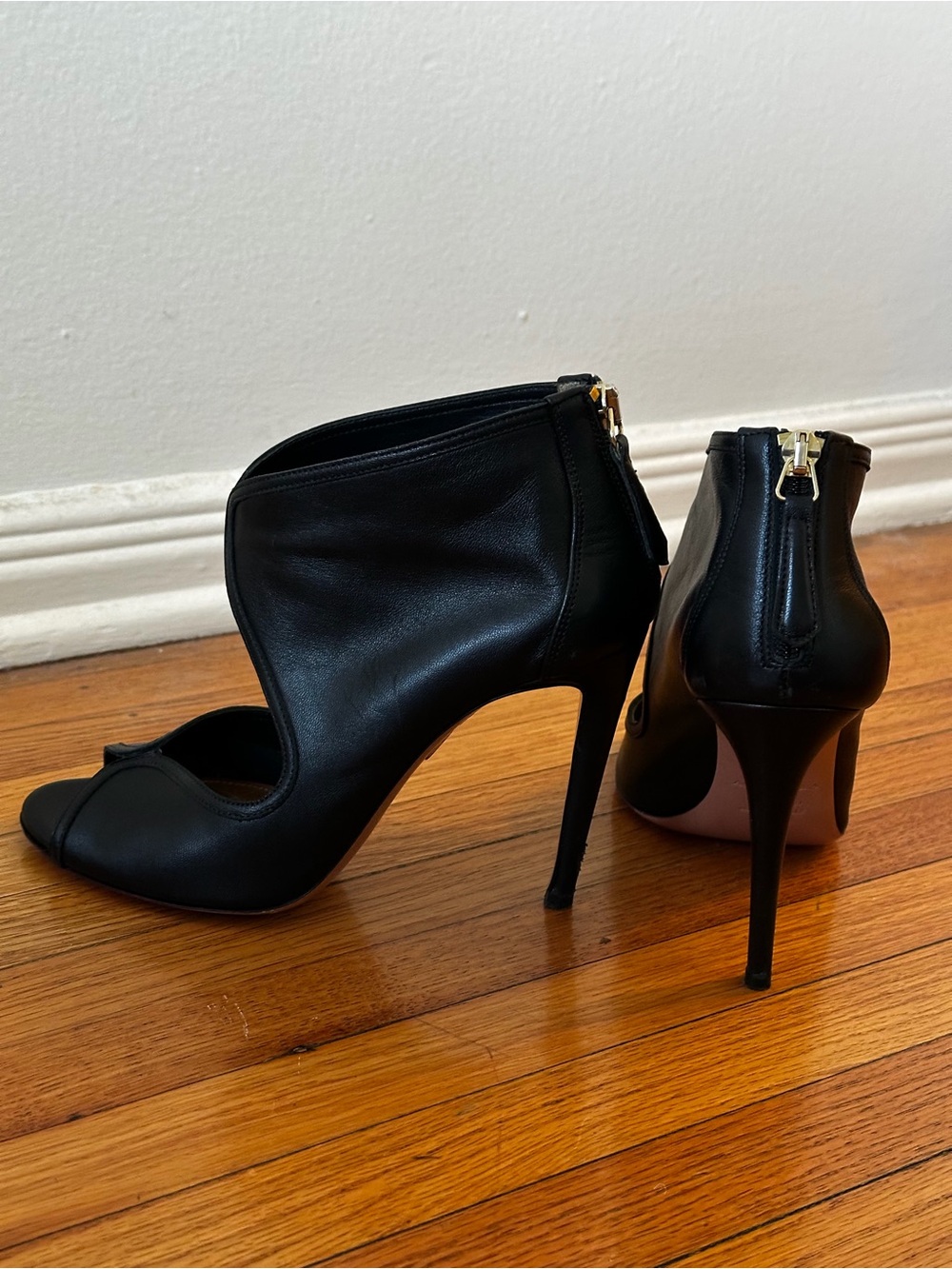 Aquazzura Black Leather Peep-Toe Booties | IT 36.5 / US 6.5
